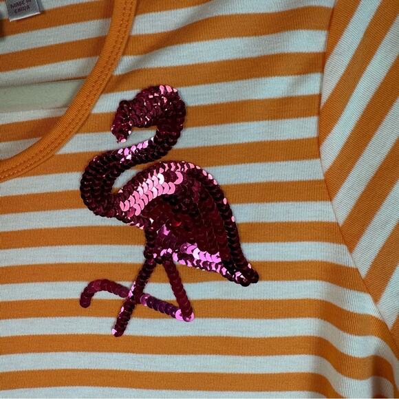 Quacker Factory 3/4 sleeve T-shirt orange white stripe sequin, hot pink flamingo - Picture 2 of 8